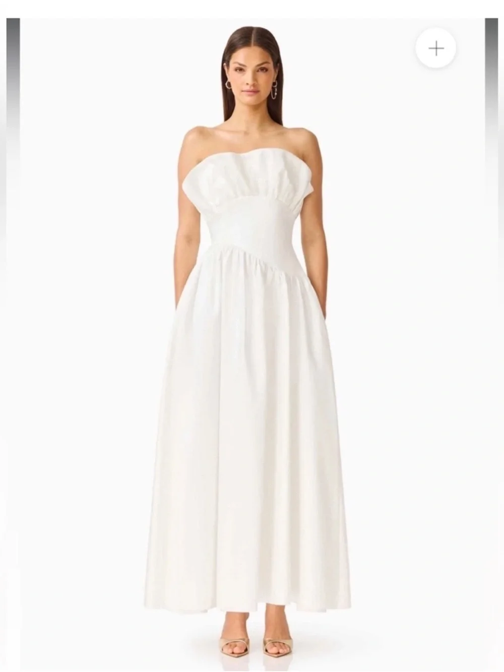 elliatt laurel white satin ruffle bust strapless bridal maxi gown dress small